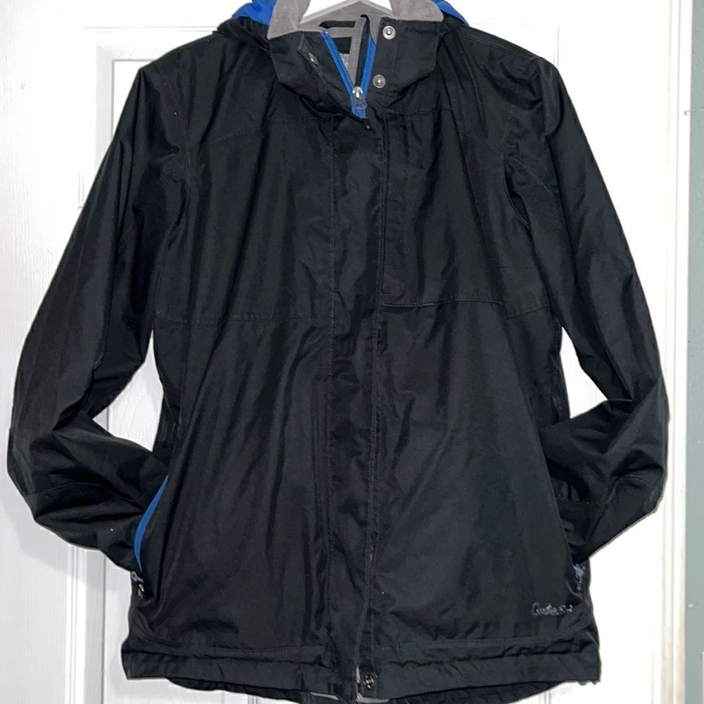 Cabela’s black rain jacket with blue and gray lining - L